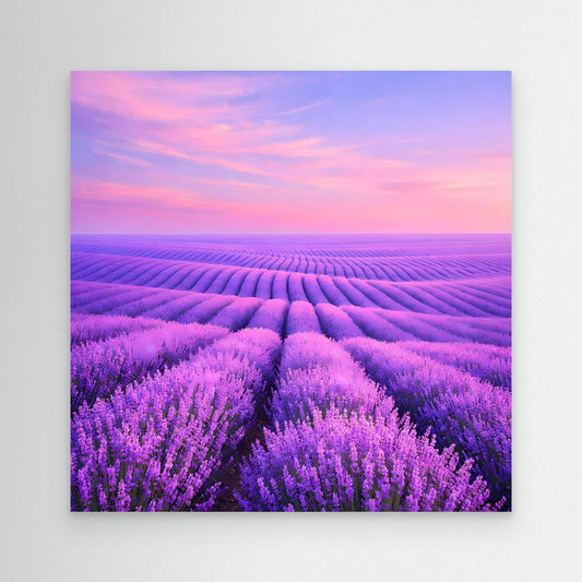 Lavendelfeld-Wandbild mit Panorama von lila Blütenfeldern und violetten Pflanzreihen