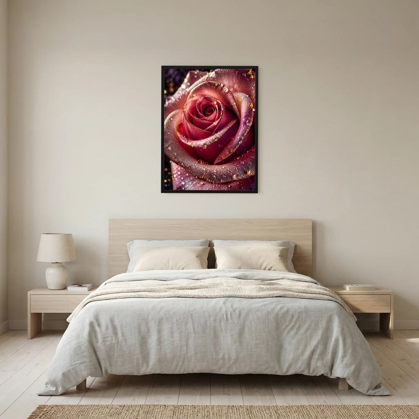 Gerahmtes Rosenposter mit roter Blüte, Wassertropfen und goldenen Akzenten