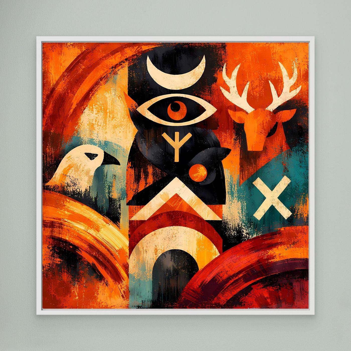 Leinwandbild mit Totem-Symbolen und Runen, warmes Orange-Rot, im weißen Rahmen