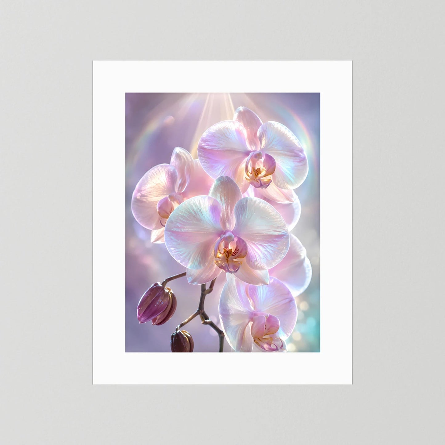 Kunstposter mit weißem Rand und schimmernden Orchideenblüten in Rosa und Perlmutt