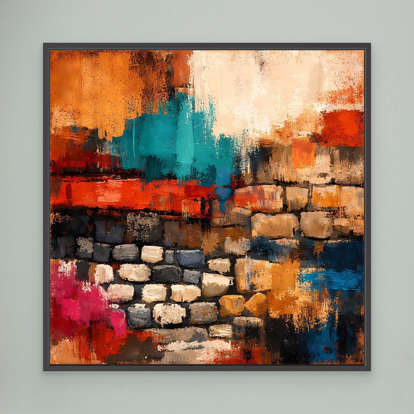 Leinwand-Wandbild mit abstrakter Steinmauer in Orange, Türkis, Rot und Blau, schwarz gerahmt