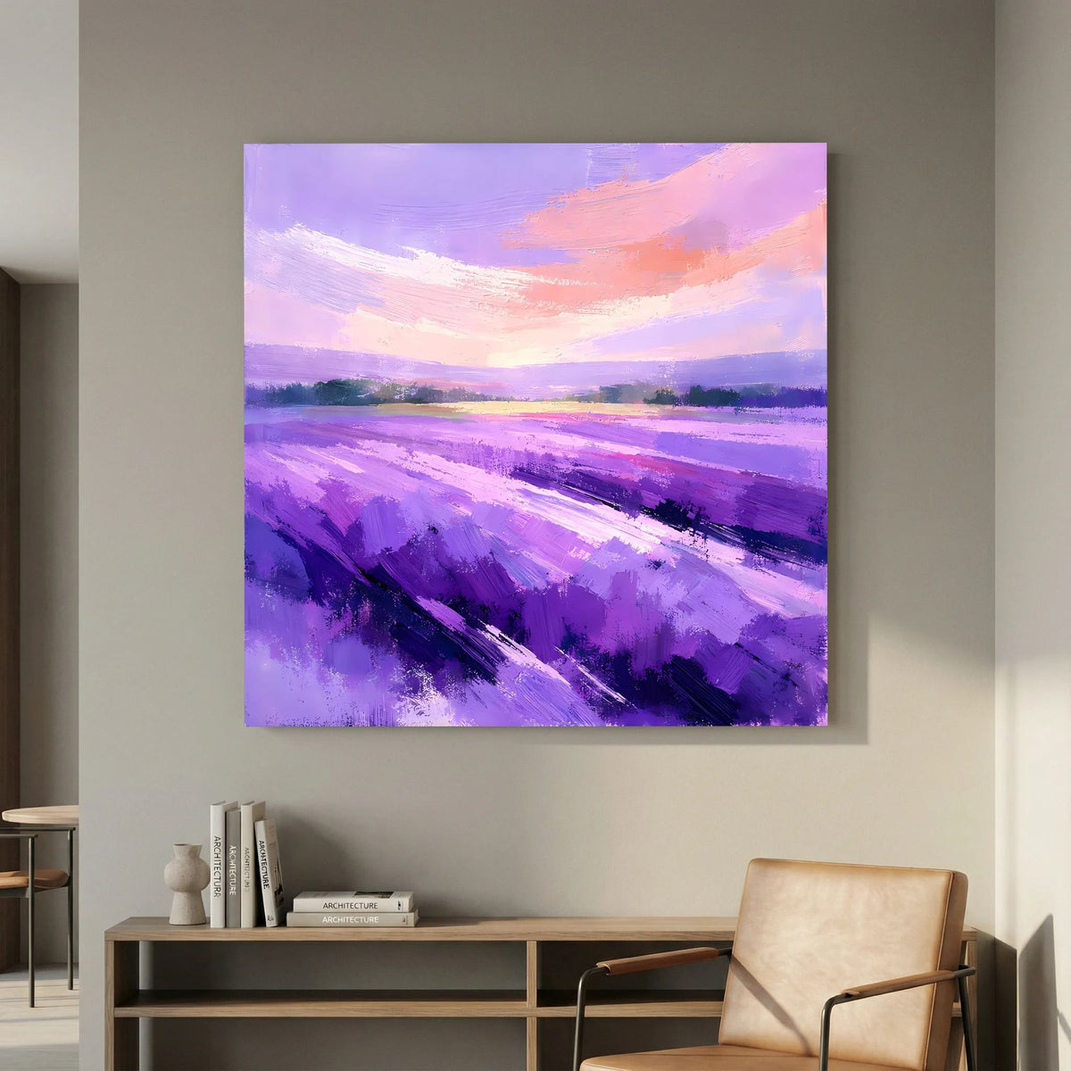 Leinwand-Wandbild mit flächigen Lavendelstrichen in Lila und pastelligen Orange-Rosa-Wolken
