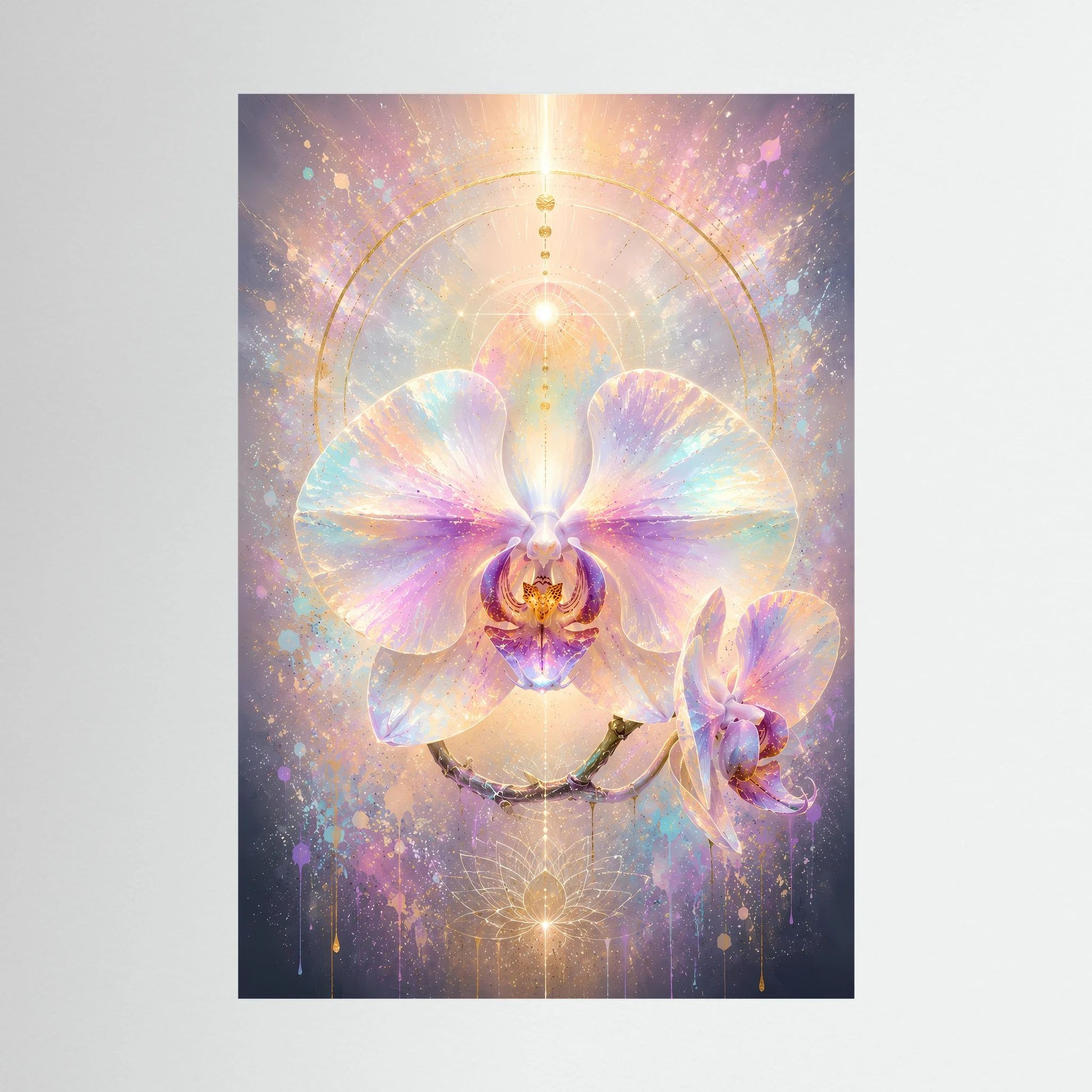Orchideenposter mit abstrakter Orchideenblüte in Pastellrosa, Lila, Türkis und goldenen Akzenten