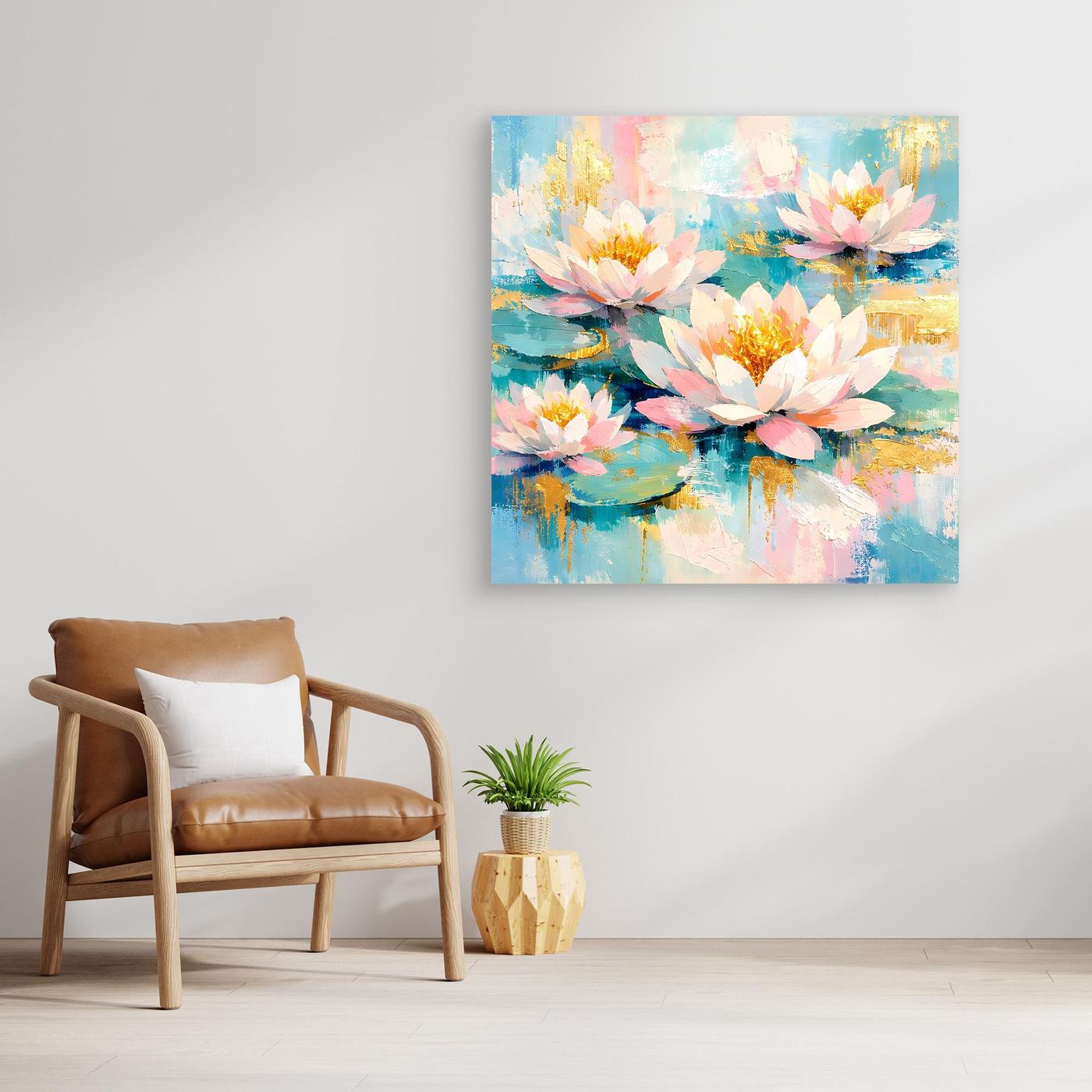 Leinwandbild mit Seerosenblüten in Pastellfarben (Rosa, Blau, Gelb), ohne Rahmen