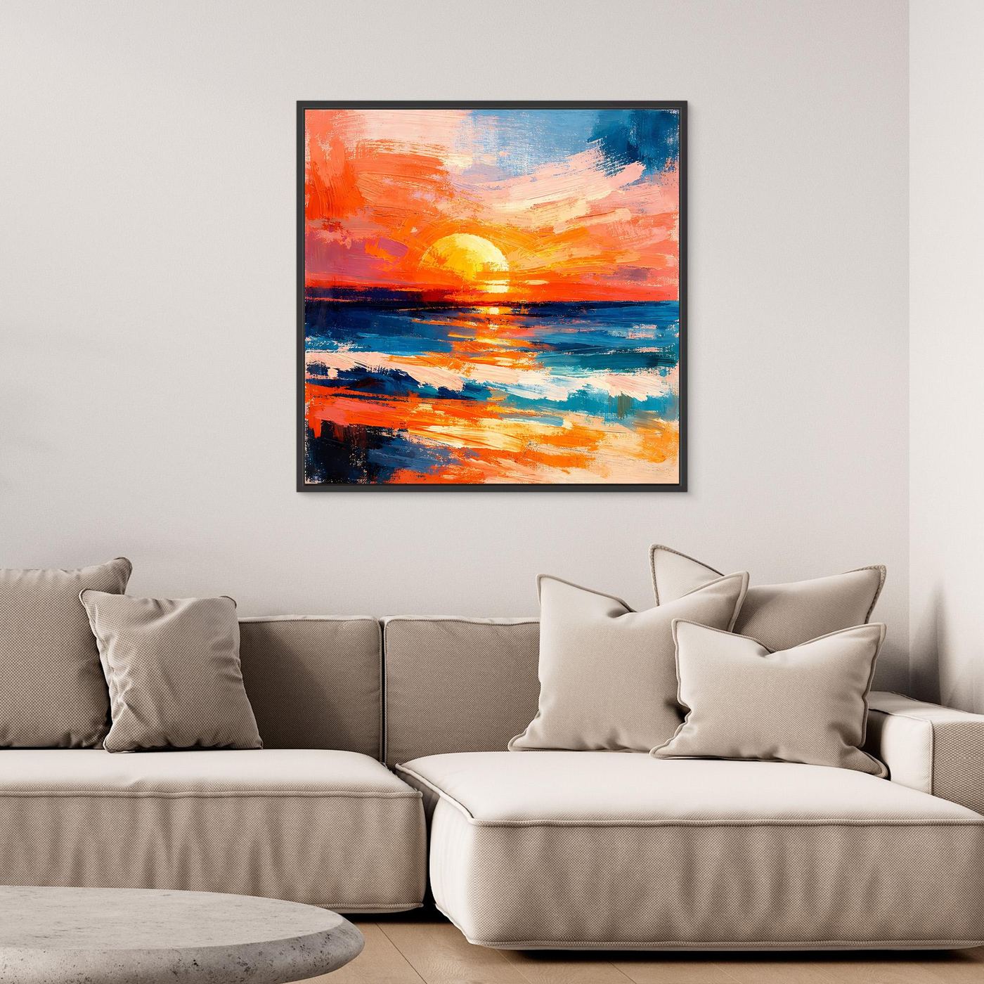 Black-framed abstract ocean canvas with orange sunset and blue ocean streaks