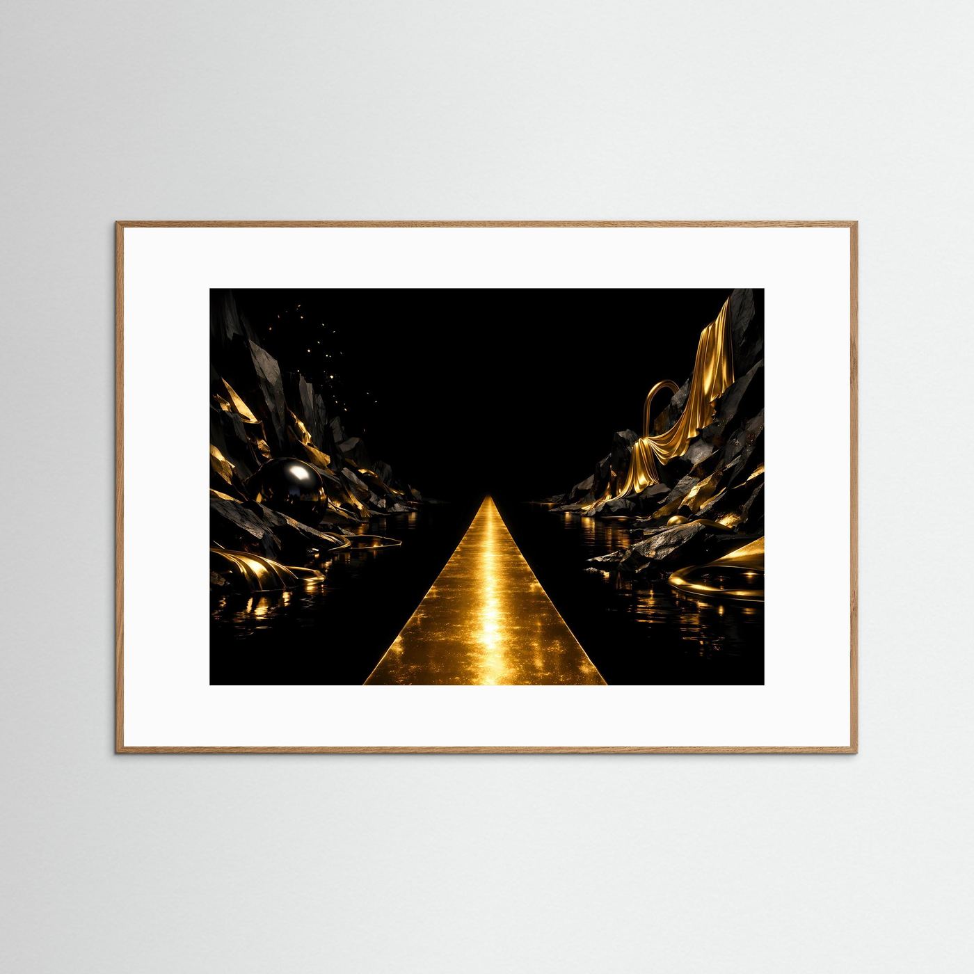 Goldener Pfad in Mystischer Felslandschaft | Luxus Kunst & Elegante Wanddeko Querformat