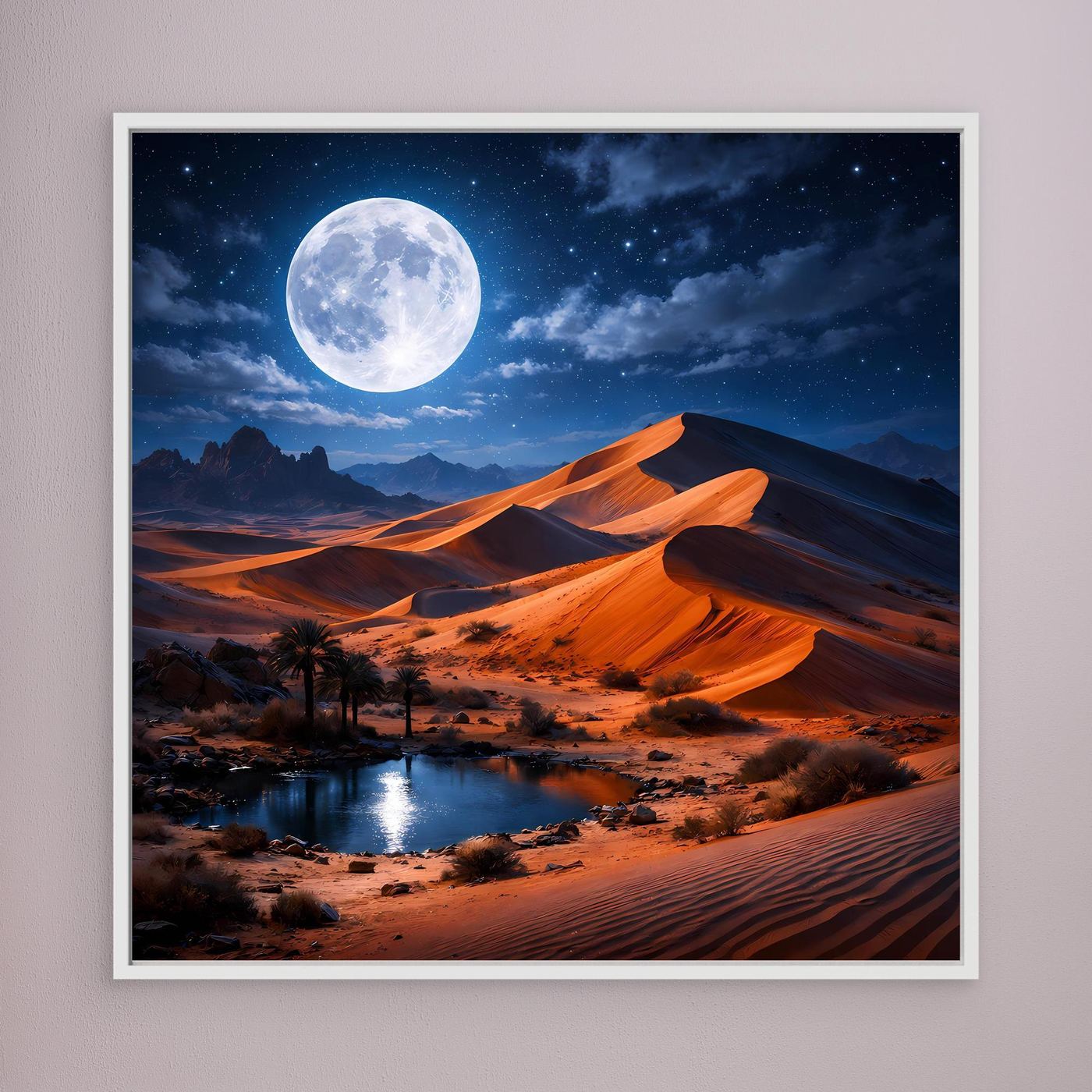 Wandbild mit Mondnacht in der Wüste, orange Dünen, weißer Rahmen