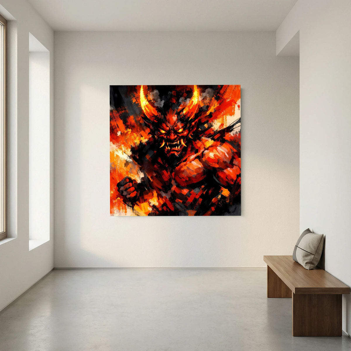 Leinwand-Wandbild mit Oni-Dämon in Flammen, schwarzer Körper mit orange-gelben Explosionen, Fäuste vorn