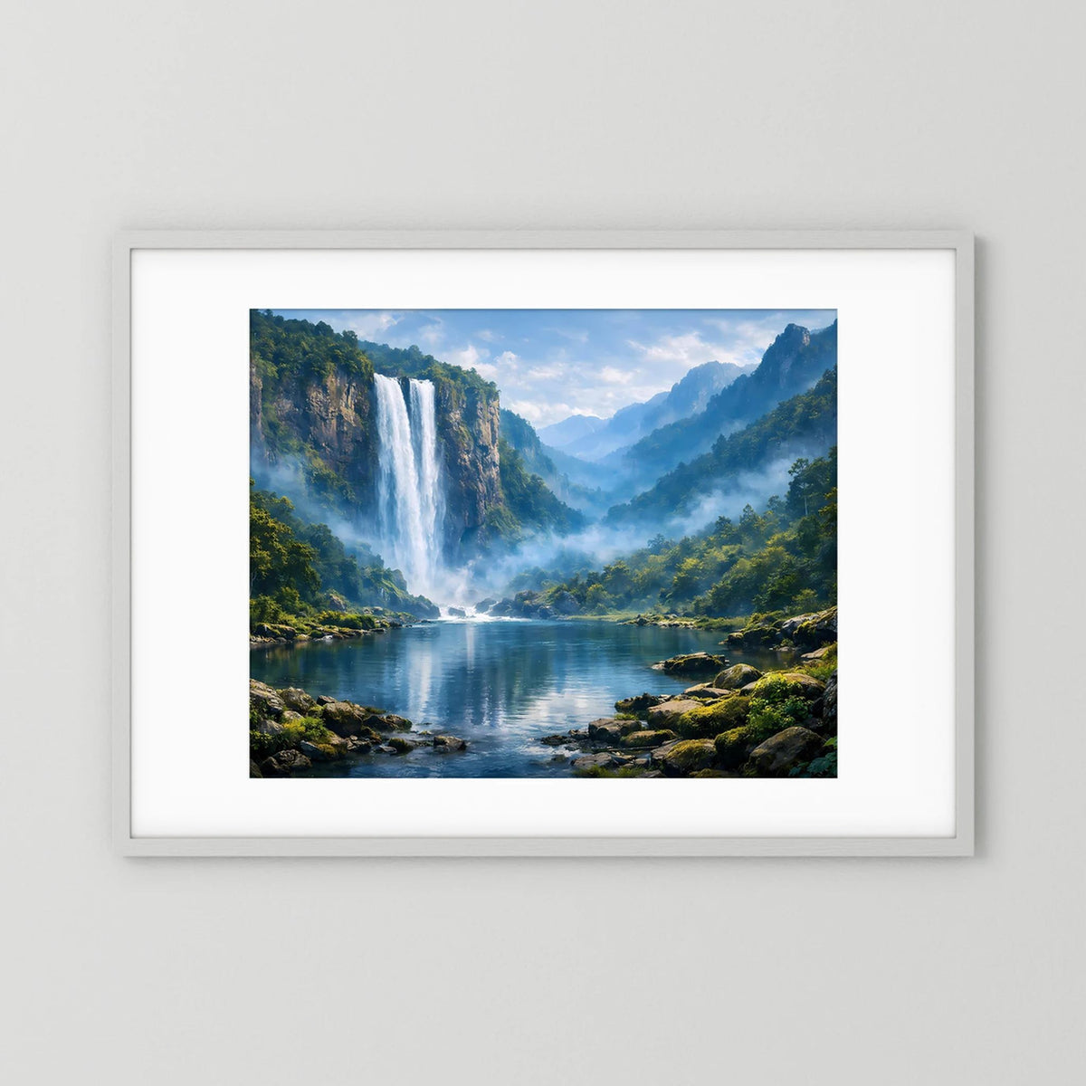 Querformatiges Wandbild mit Wasserfall im Bergwald, im weißen Rahmen