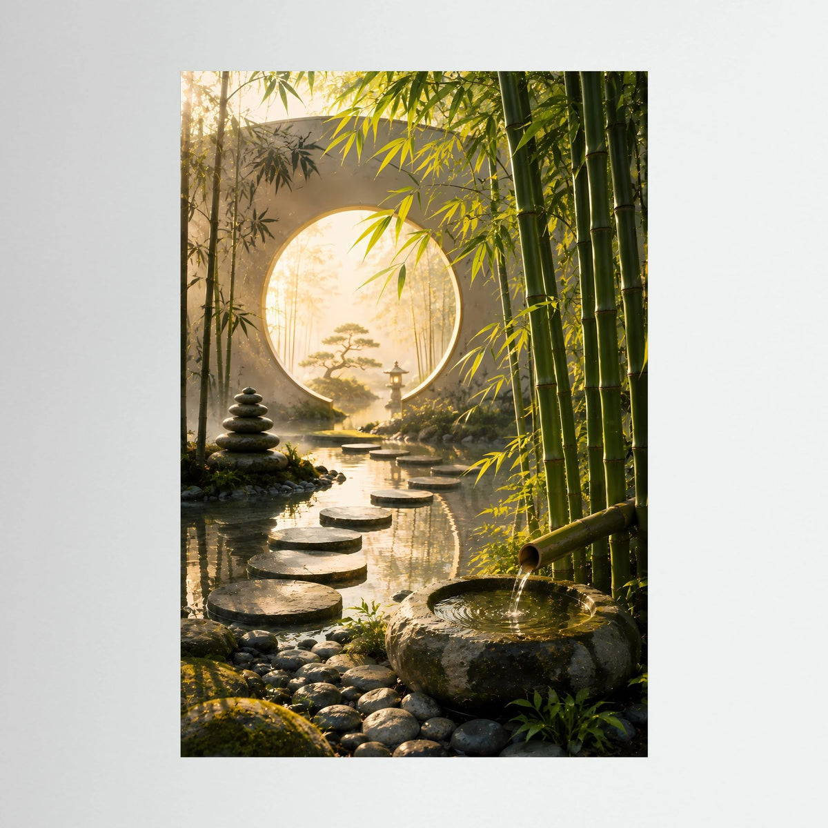 Zen-Garten-Poster im Hochformat ohne Rahmen, rundes Mondtor, Bambus und Trittsteine