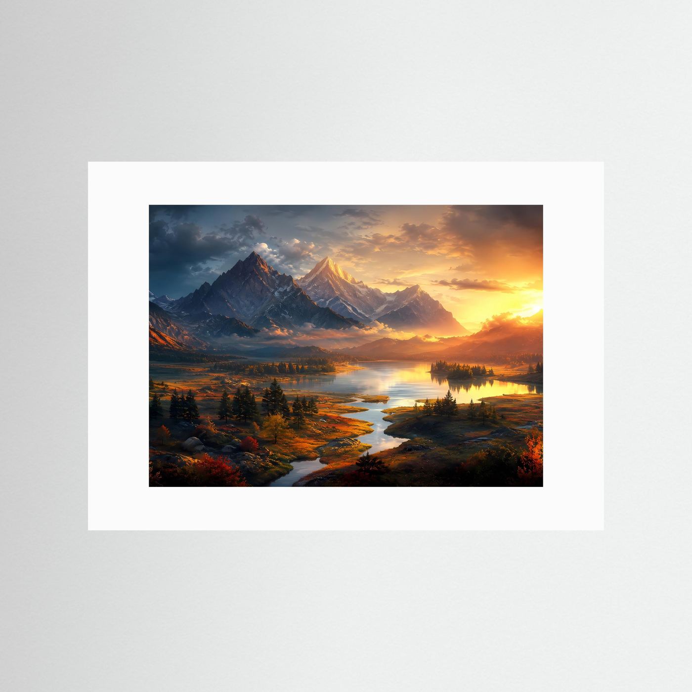 Majestätische Alpen am Spiegelsee Poster Querformat | Panorama Berglandschaft bei Sonnenuntergang | Modernes Natur Wandbild