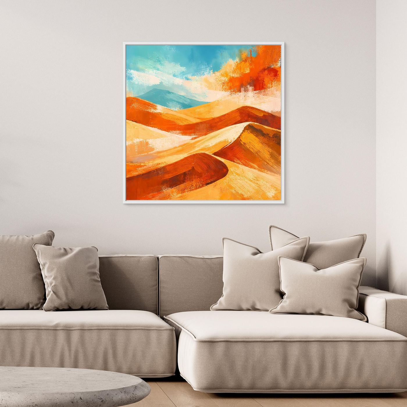 Abstract desert landscape canvas wall art in orange and gold dunes with a white frame