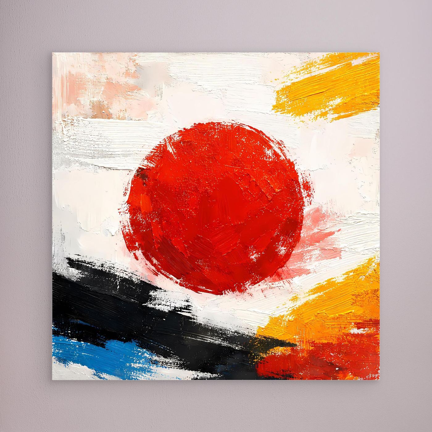 Abstraktes Leinwandbild mit roter Sonne und gelb-schwarzem Pinselstrich