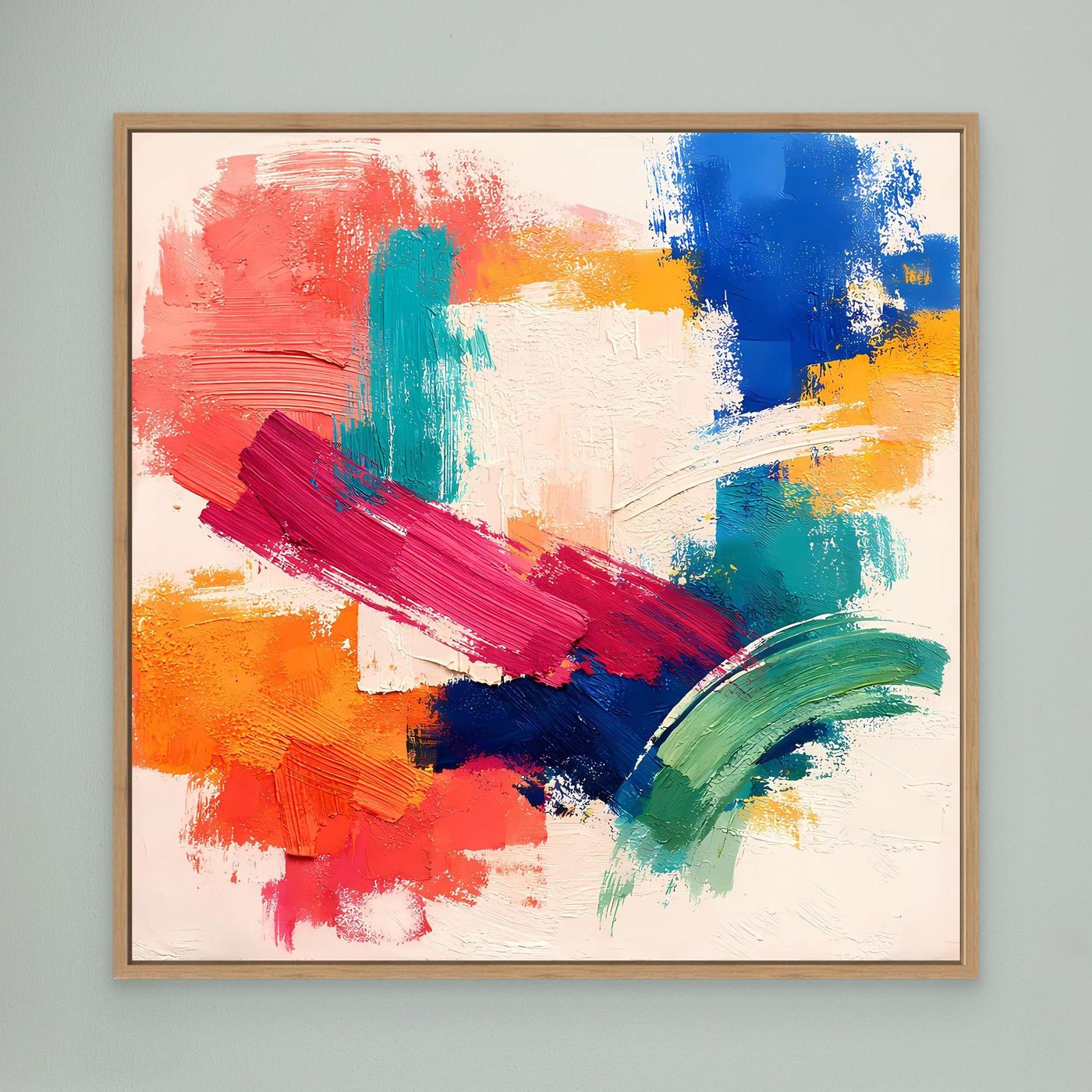 Abstract canvas wall art in a light oak frame with red, blue, green, yellow paint strokes