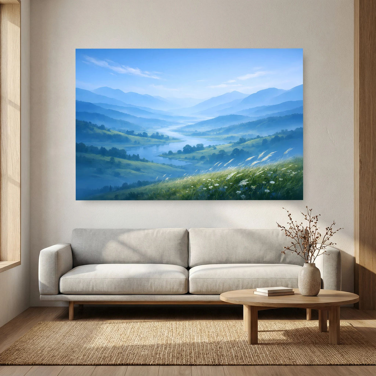 Querformatiges Wandbild: nebeliges Bergtal, grüne Hänge und schimmernder Fluss