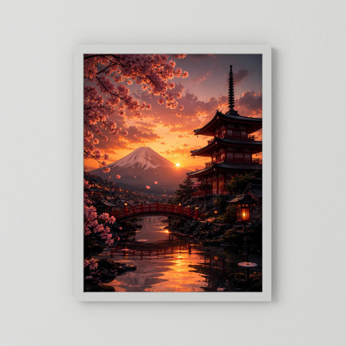 Hochformatiges Poster mit weißem Rahmen, japanischer Tempel bei Sonnenuntergang