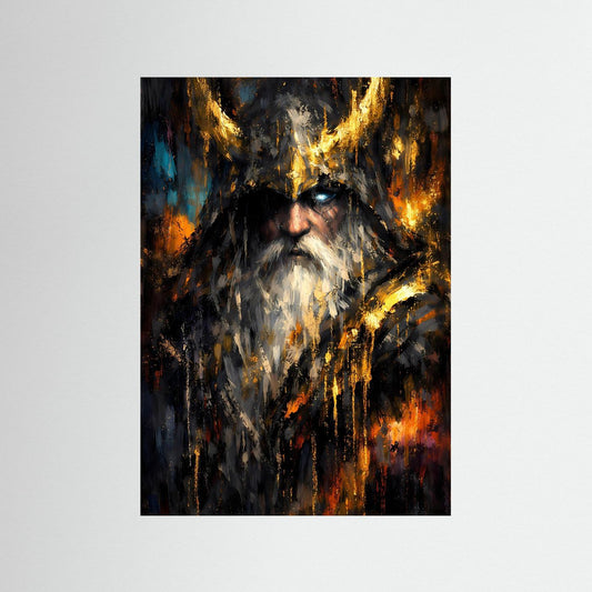 Wikinger-Poster mit Odin-Gesicht in abstrakten Gold-, Grau- und Schwarztönen
