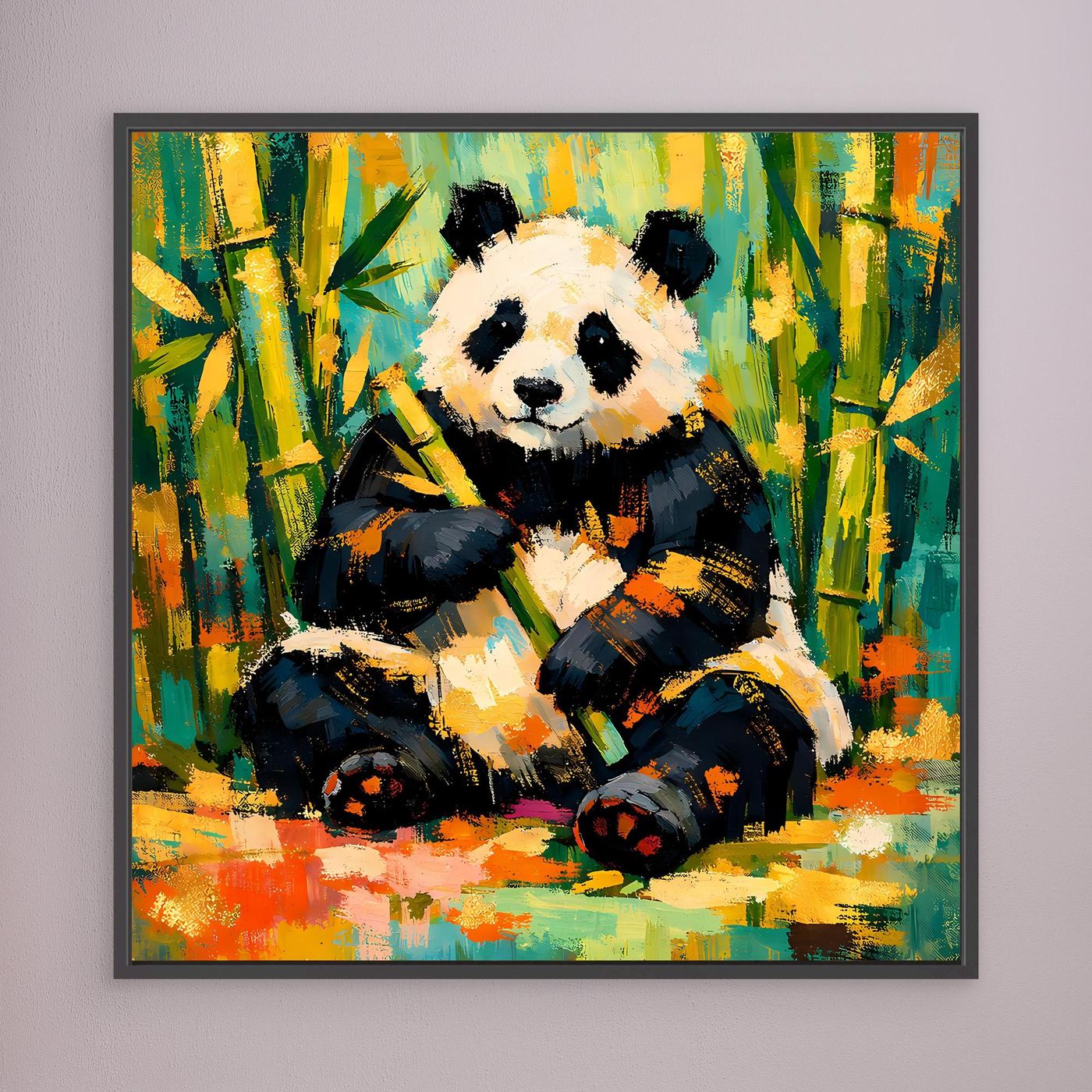 Leinwandbild mit Panda im Bambuswald, rechteckig, schwarz gerahmt