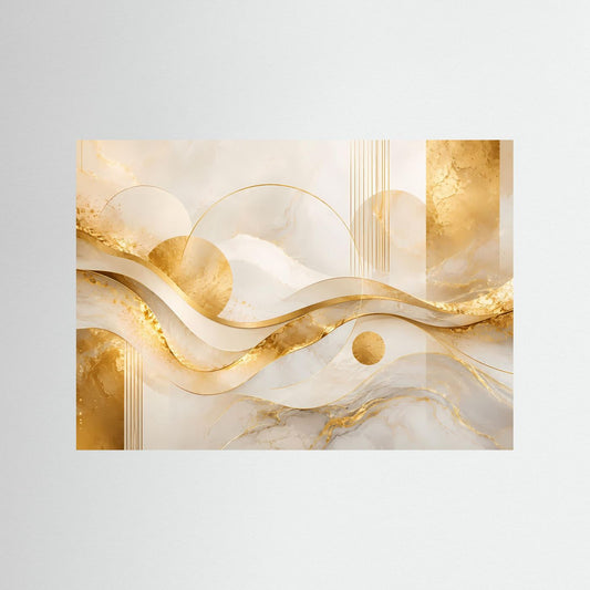 Abstraktes Querformat-Poster mit Wellen in Creme, Weiß und Gold