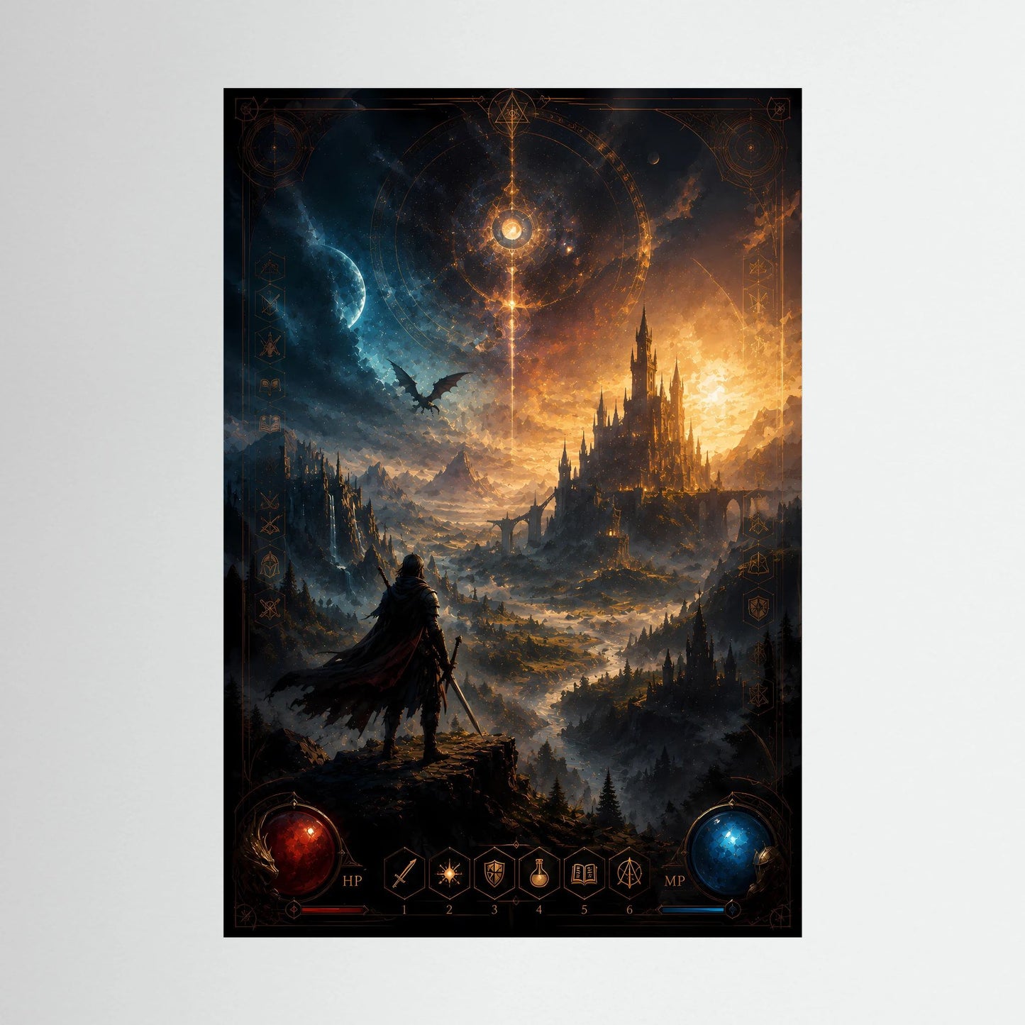 Kunstposter im Hochformat: düsteres Fantasy-Königreich mit Krieger, Schloss und blauem Feuerdrache