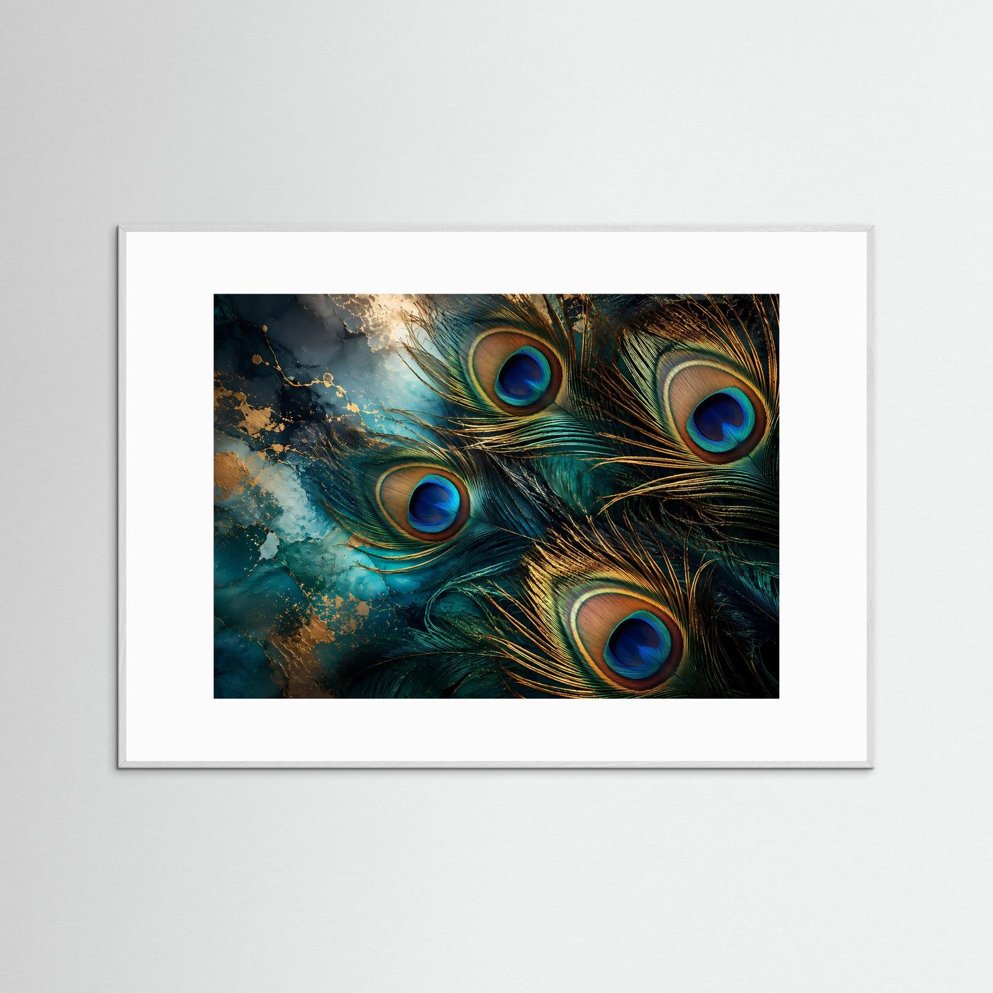 Pfauenfedern Poster | Elegante Pfauenfeder Wandkunst mit Goldakzenten | Luxuriöse Abstrakte Naturkunst | Türkis Blau Gold | Premium Leinwand & Wall Art