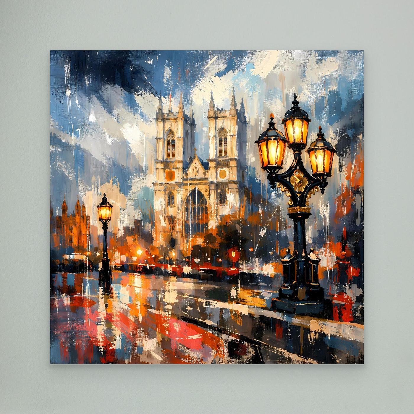 Abstraktes Leinwand-Wandbild mit Laternen am Weg und Kathedrale im Regen, ohne Rahmen.
