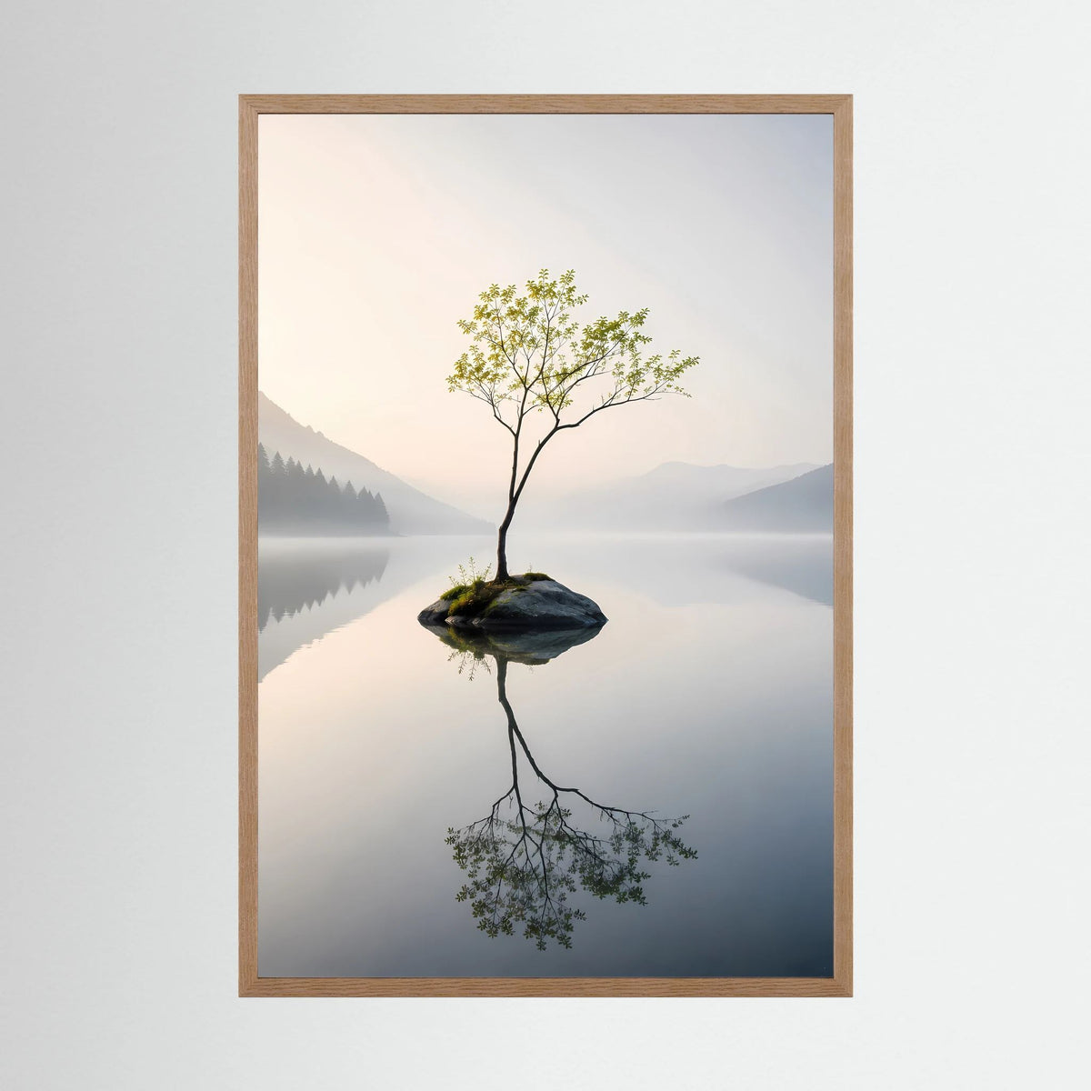 Einsamer Baum im Bergsee | Minimalistische Natur mit Spiegelung | Poster Hochformat