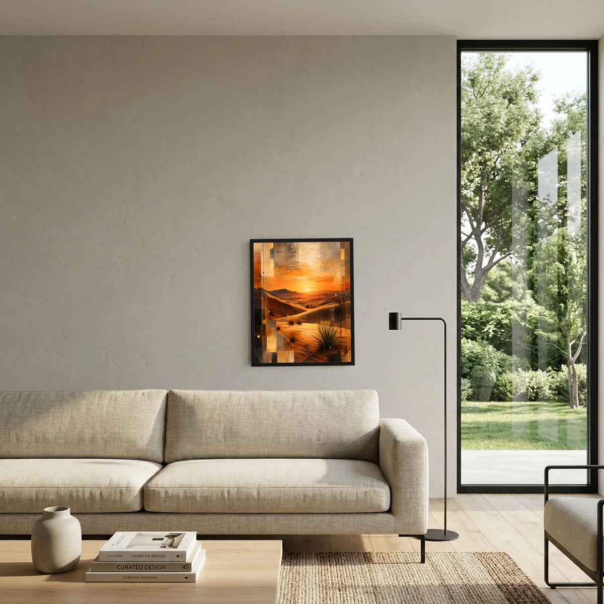 Gerahmtes Hochformat-Poster mit abstrakter Wüstenlandschaft, Sonnenuntergang, orange und dunkel