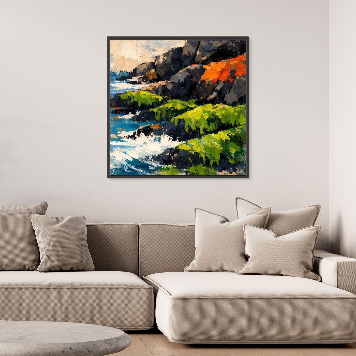 Abstraktes Küstenlandschaft-Wandbild mit dunklem Fels, türkisfarbenem Wasser und orangefarbener Stelle