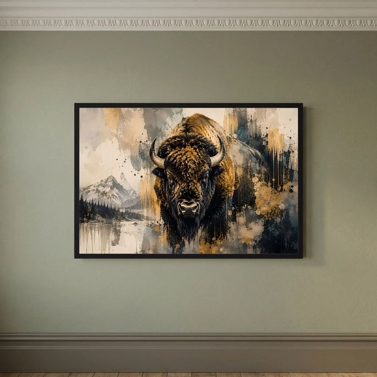 Abstraktes Bison-Poster in Schwarz-Gold mit schwarzem Rahmen, Querformat