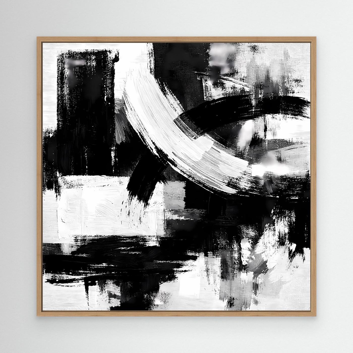 Black-and-white abstract brushstroke canvas wall art in oak frame, minimalist