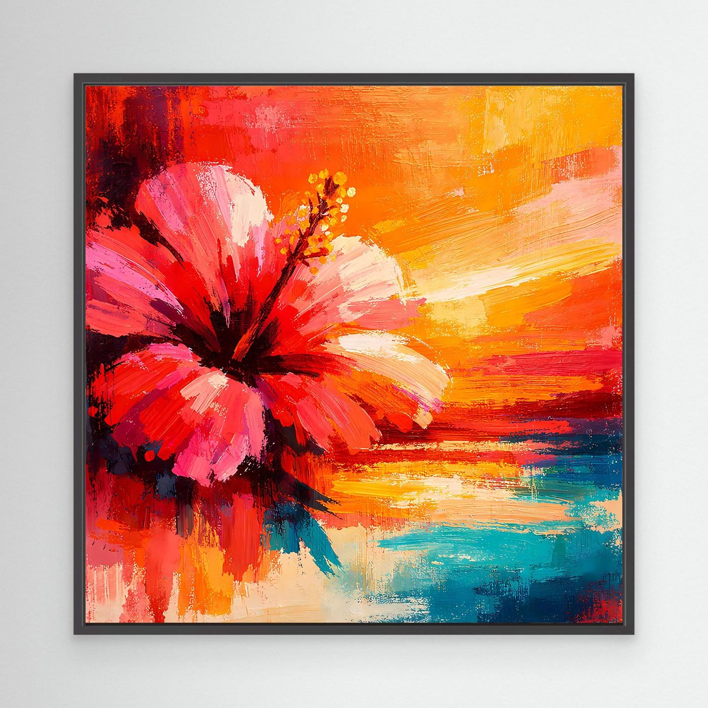 Leinwand Abstraktes Hibiskusblütenbild am Meer | Modernes Küsten Wandbild Bunt