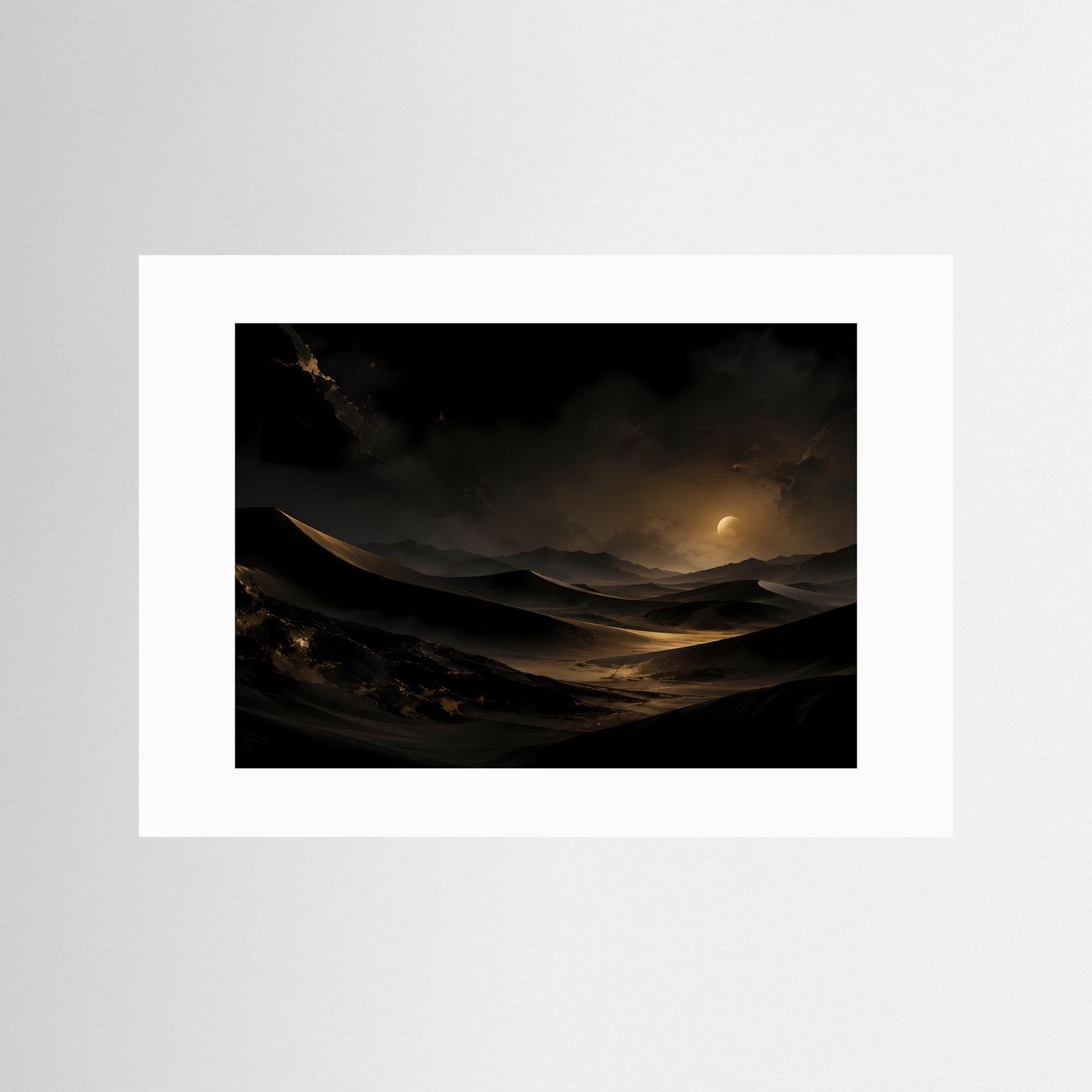 Wüste bei Nacht Poster | Gold Schwarz Dünen Landschaft | Mystische Mondnacht Wandbild | Elegante Wüstenkunst | Moderne Wall Art