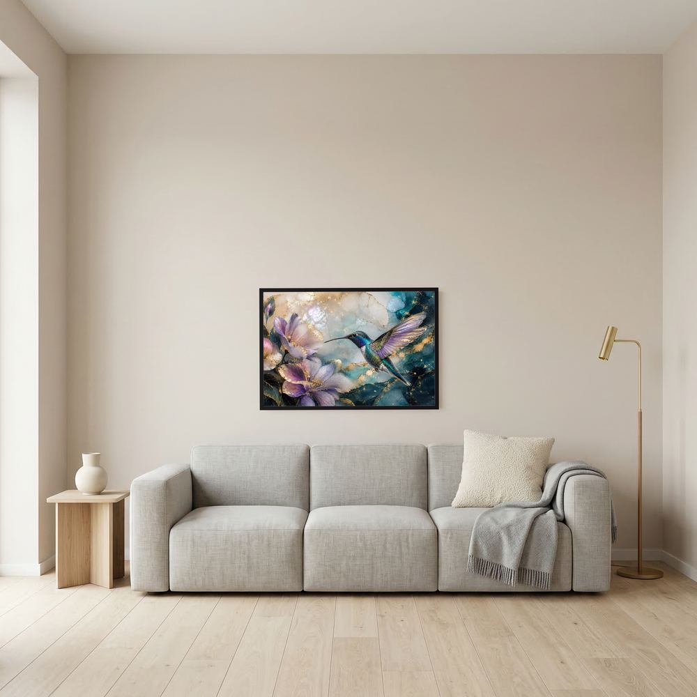 Wandbild mit Kolibri zwischen Blüten, Türkis und Violett, schwarzer Rahmen