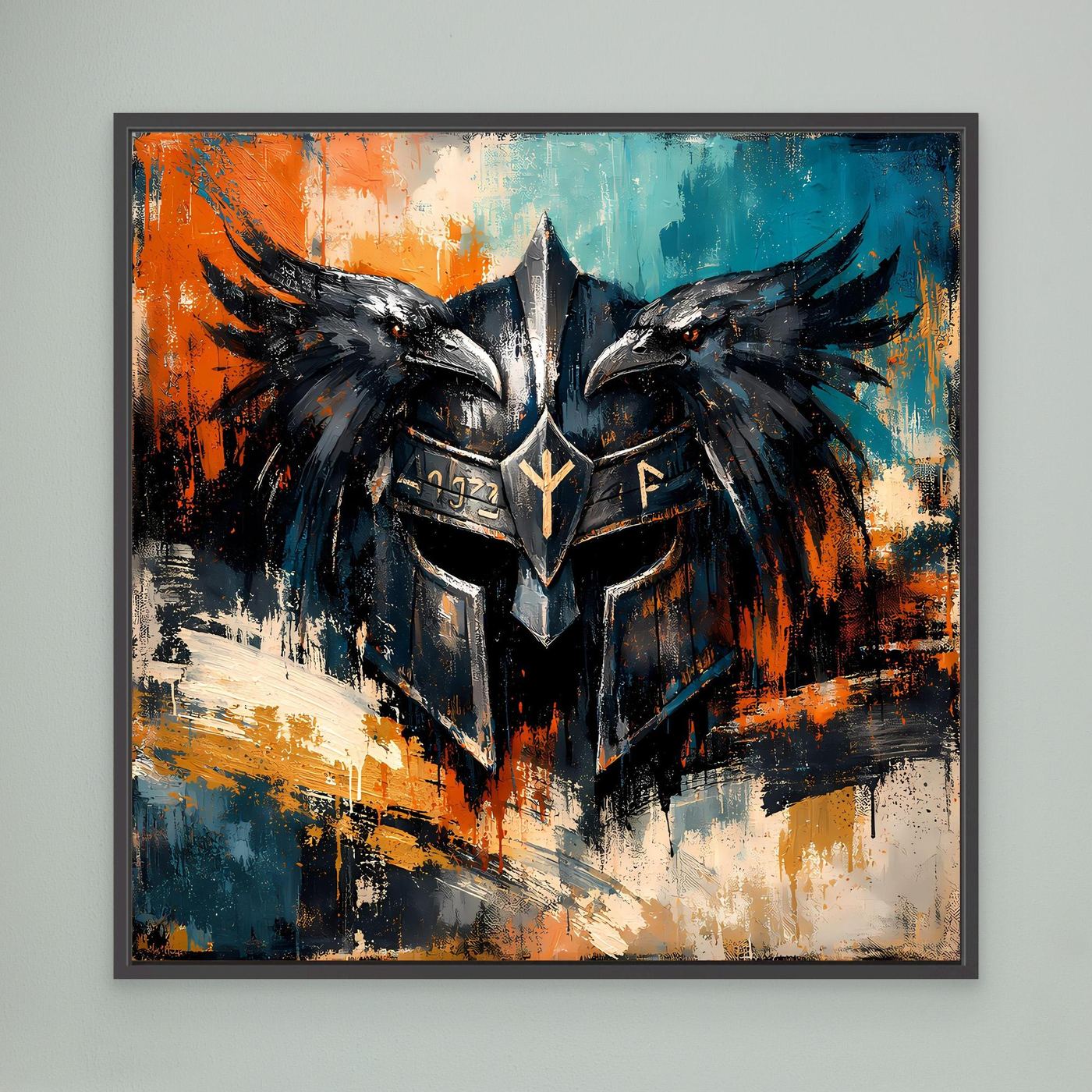 Wandbild mit schwarzem Odins-Helm und Raben, schwarzer Rahmen