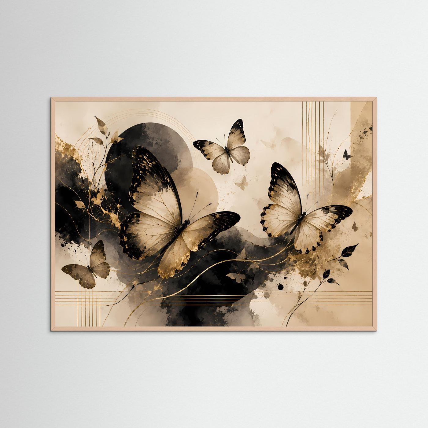 Gerahmtes Querformat-Poster mit abstrakten Schmetterlingen, Holzrahmen in Hellton