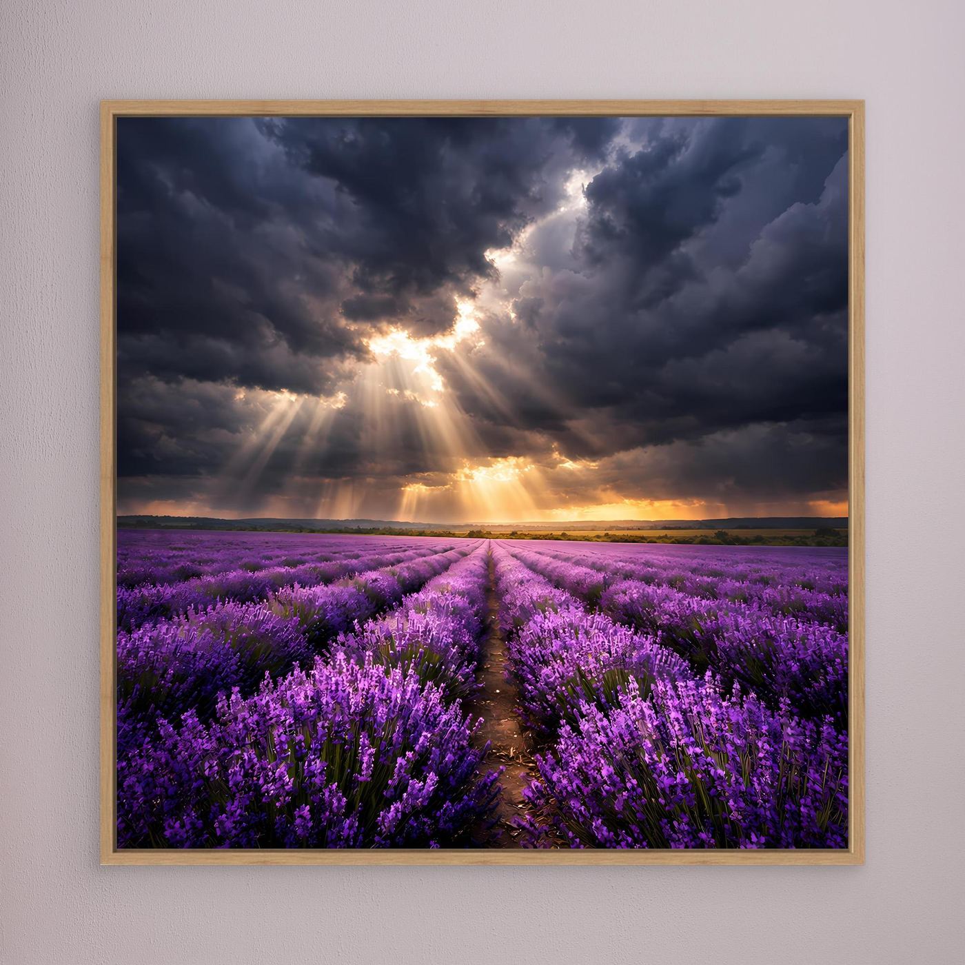 Leinwandbild mit lila Lavendelfeld, Lichtstrahlen durch Wolken, Sonnenuntergang; Eichenrahmen