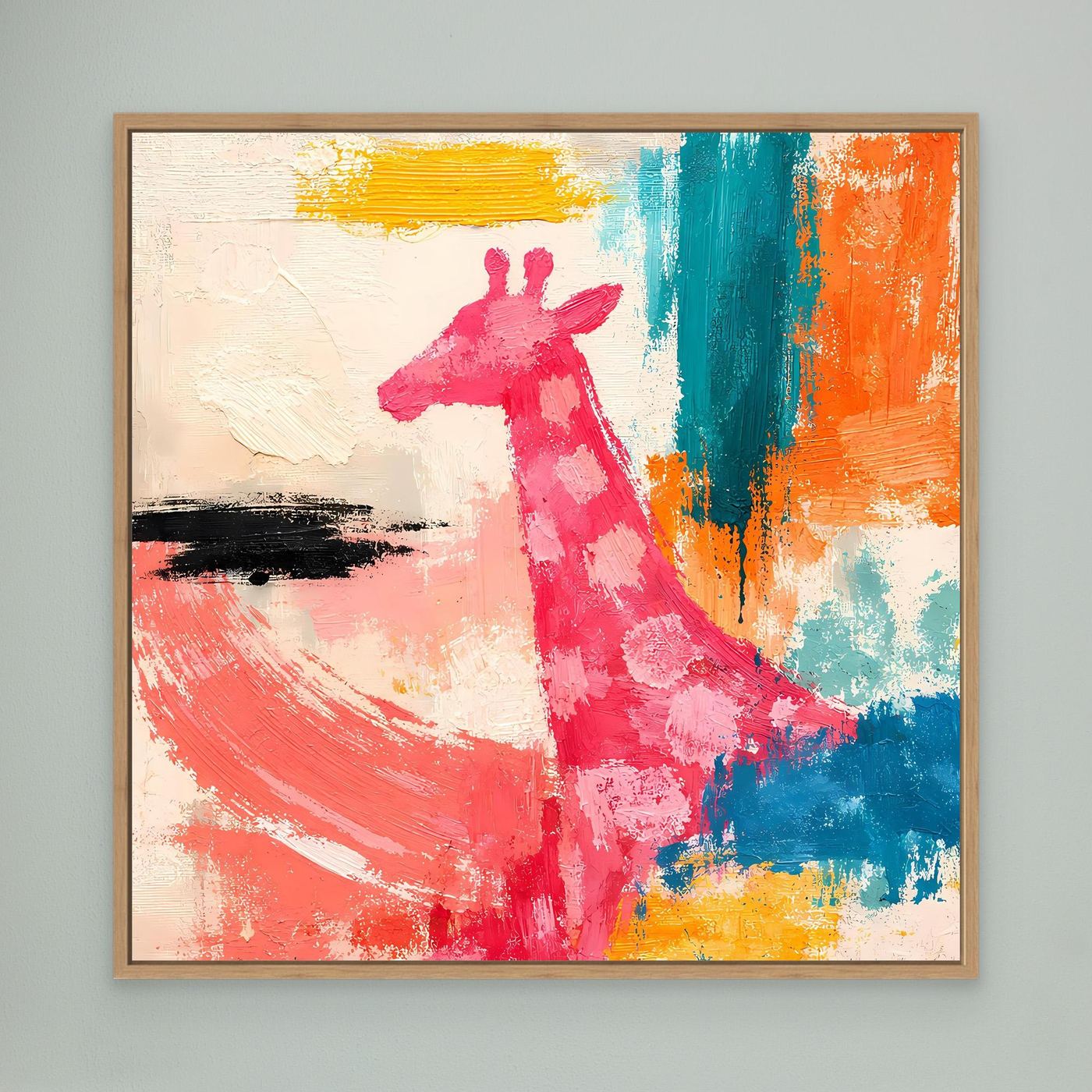 Leinwand-Wandbild mit abstrakter Giraffe im Pop-Art-Stil, pinke Figur mit Holzrahmen