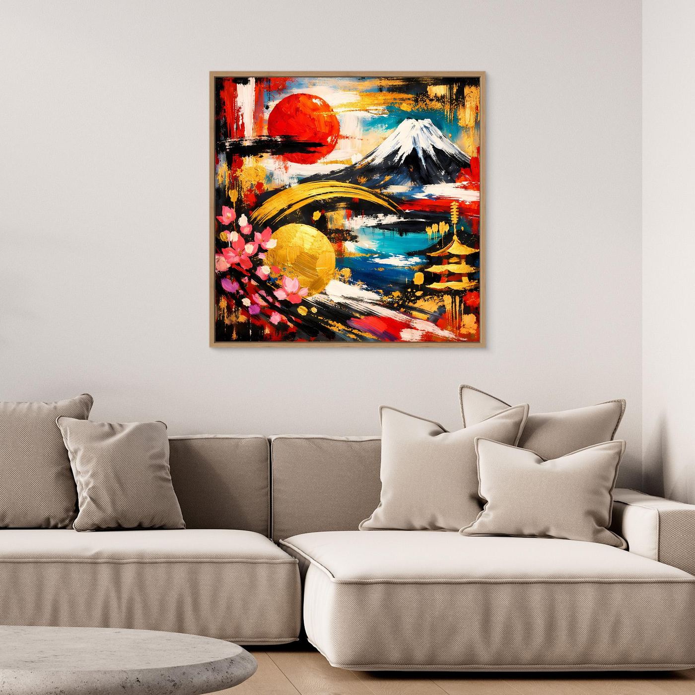 Gerahmtes Leinwandbild: abstrakter Fuji mit Kirschblüten, helle Holzumrandung