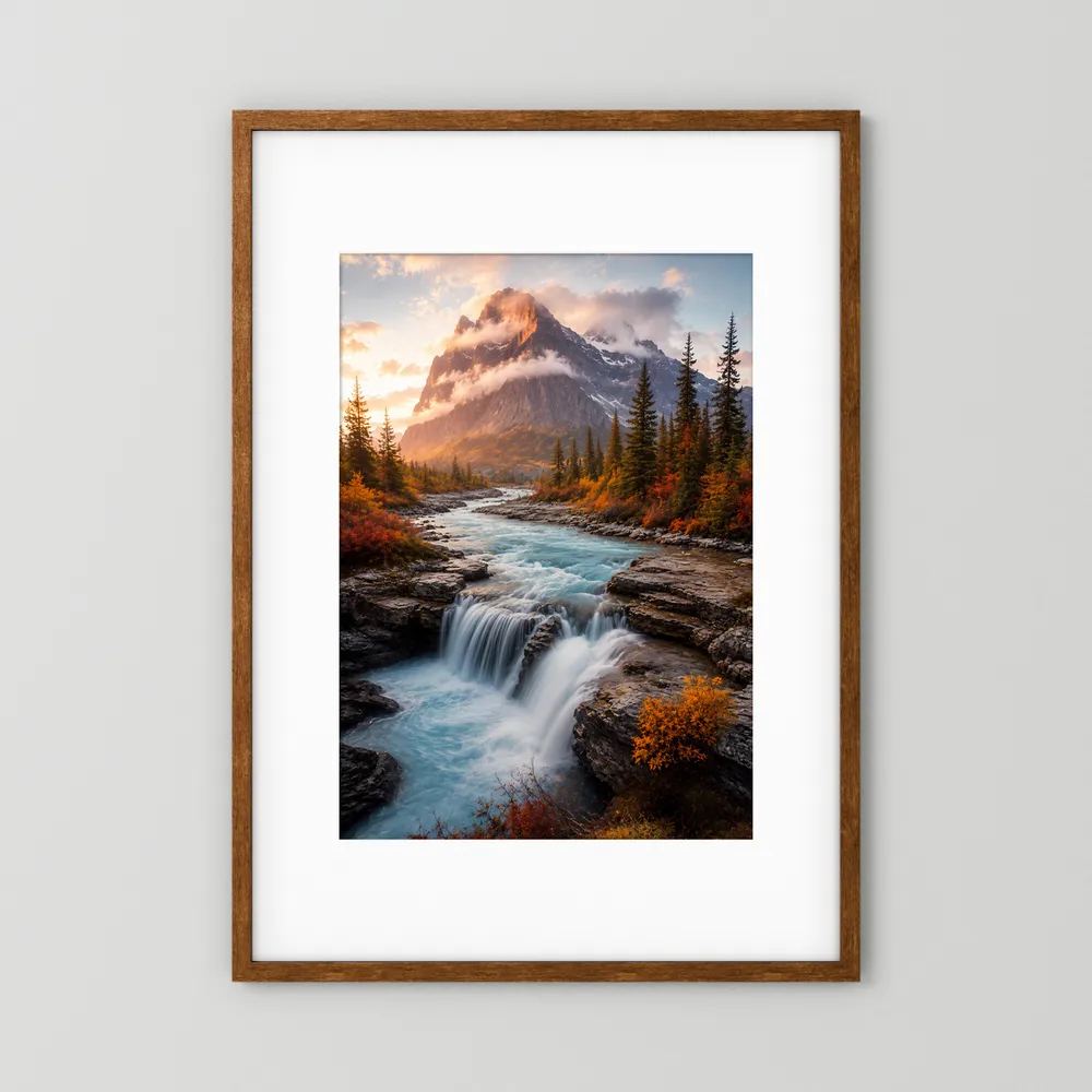 Hochformat-Poster im braunen Holzrahmen mit Berglandschaft und Wasserfall