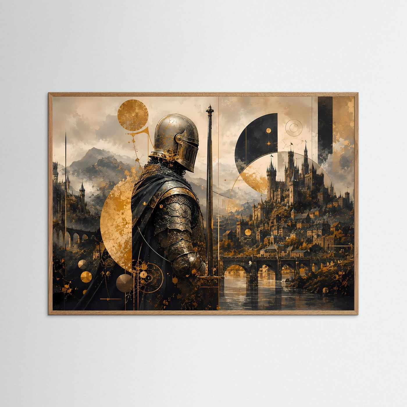 Mittelalterlicher Ritter vor Burg | Mystische Schwarz-Gold Kunst