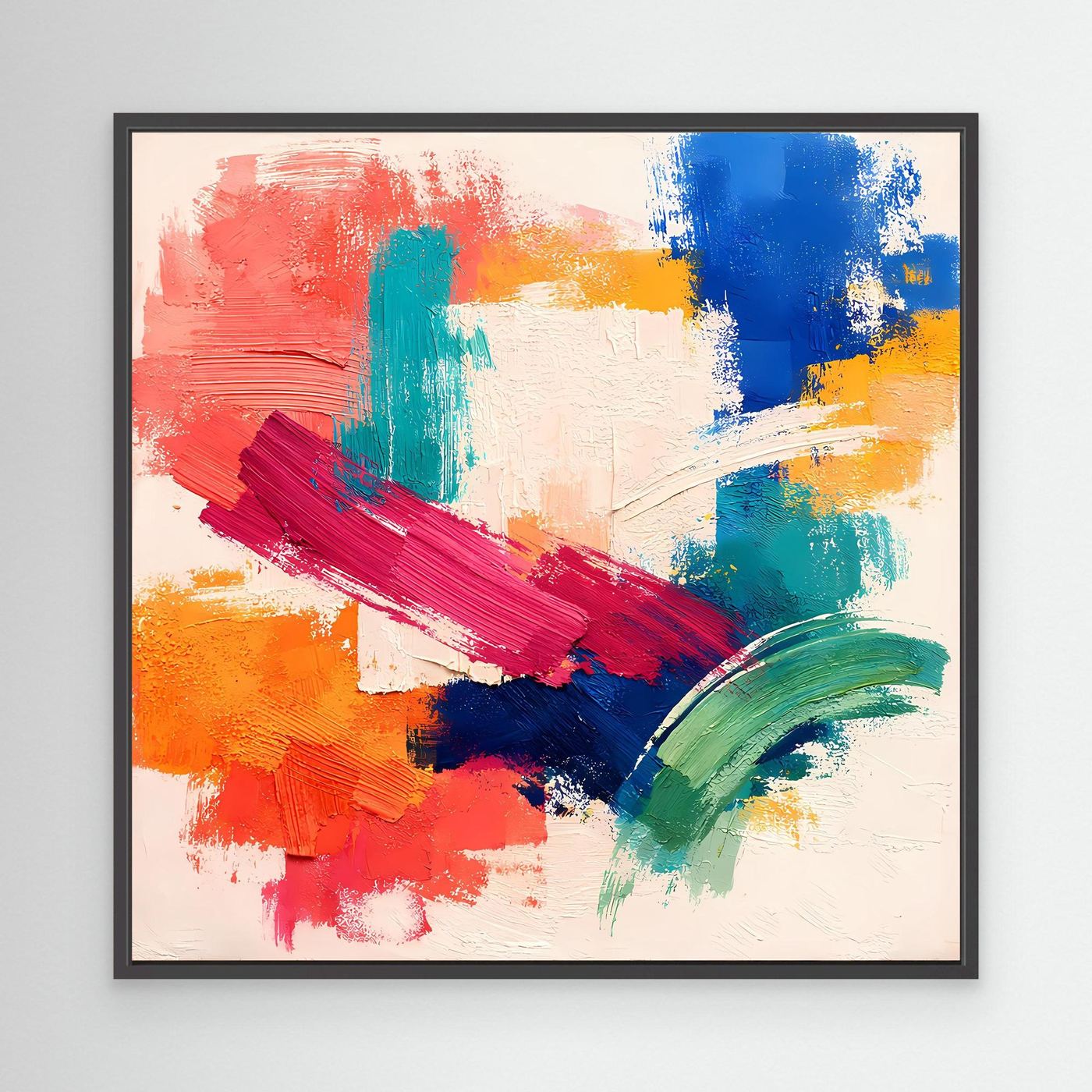 Abstract canvas wall art in a black frame with red, blue, green, yellow brush marks