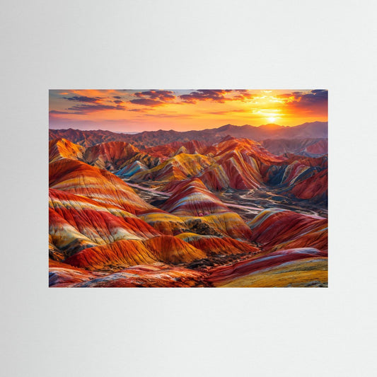 Ungerahmtes Poster mit Farbgebirge-Landschaft im Sonnenuntergang