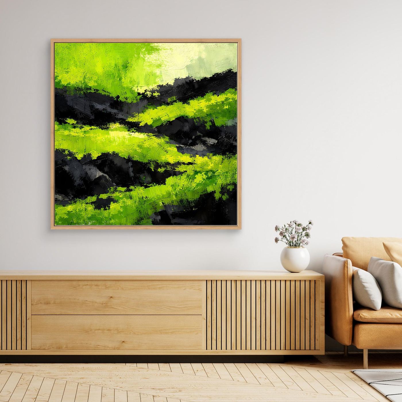 Abstraktes Leinwand-Wandbild mit moosgrünen Streifen und dunklen Flächen im Holzrahmen