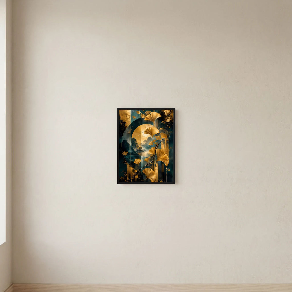 Hochformat-Poster mit goldenen Ginkgo-Blättern auf petrolblauem Hintergrund, schwarzer Rahmen