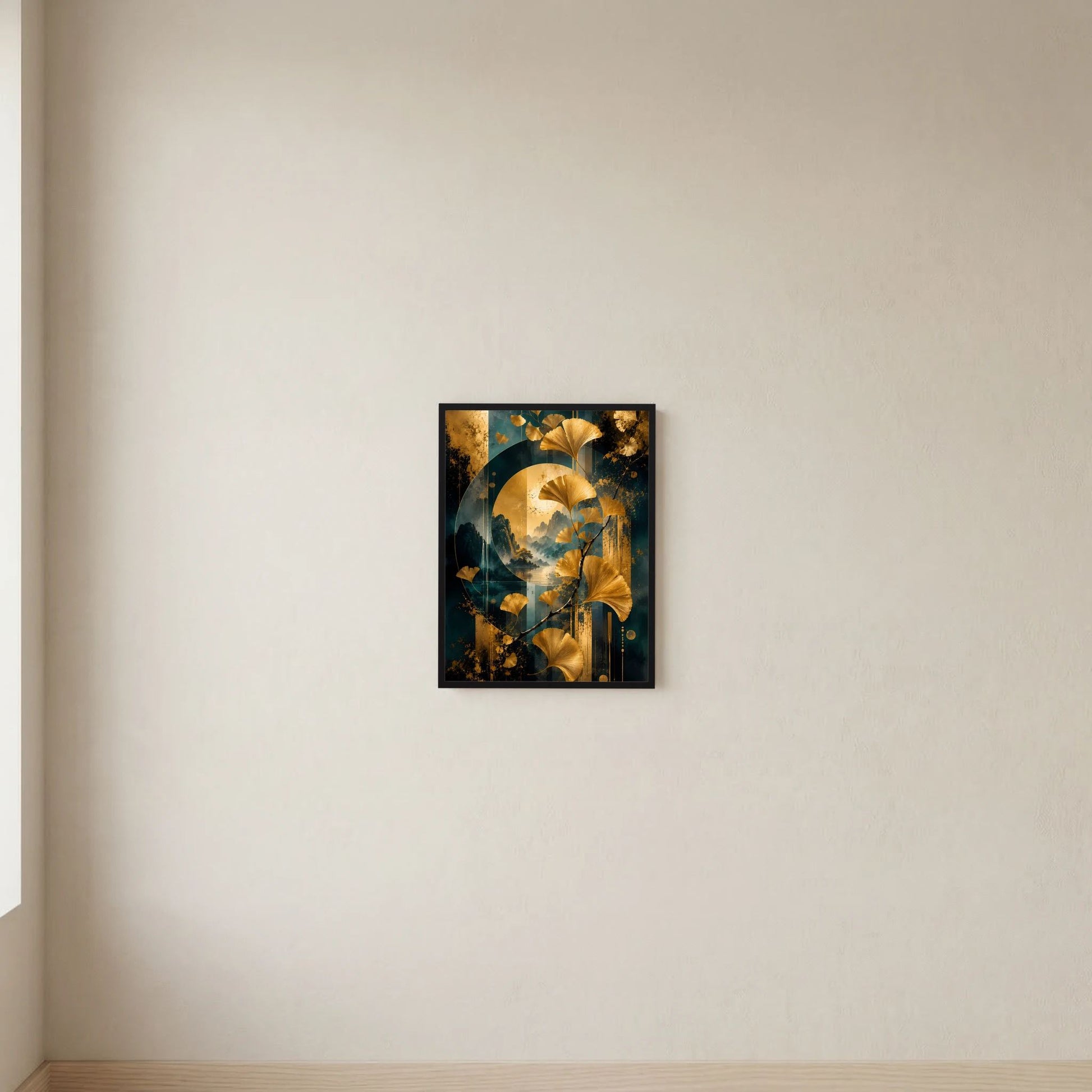 Hochformat-Poster mit goldenen Ginkgo-Blättern auf petrolblauem Hintergrund, schwarzer Rahmen