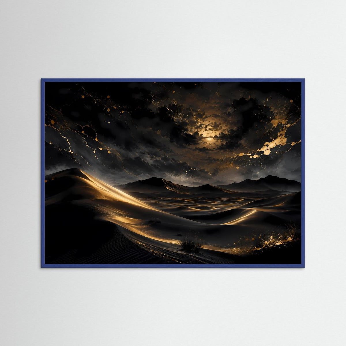 Wüstenlandschaft-Wandposter mit blauem Rahmen: goldene Dünen in dunkler Nachtlandschaft