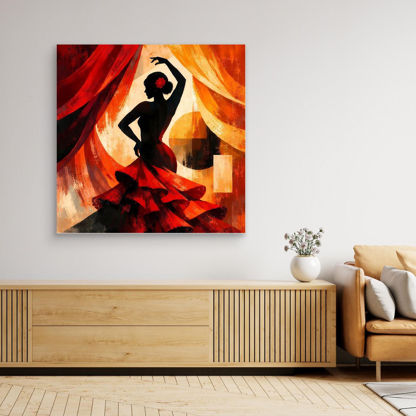 Gerahmtes Leinwandbild mit Flamenco-Silhouette, schwarze Tänzerin vor orange-rotem Hintergrund