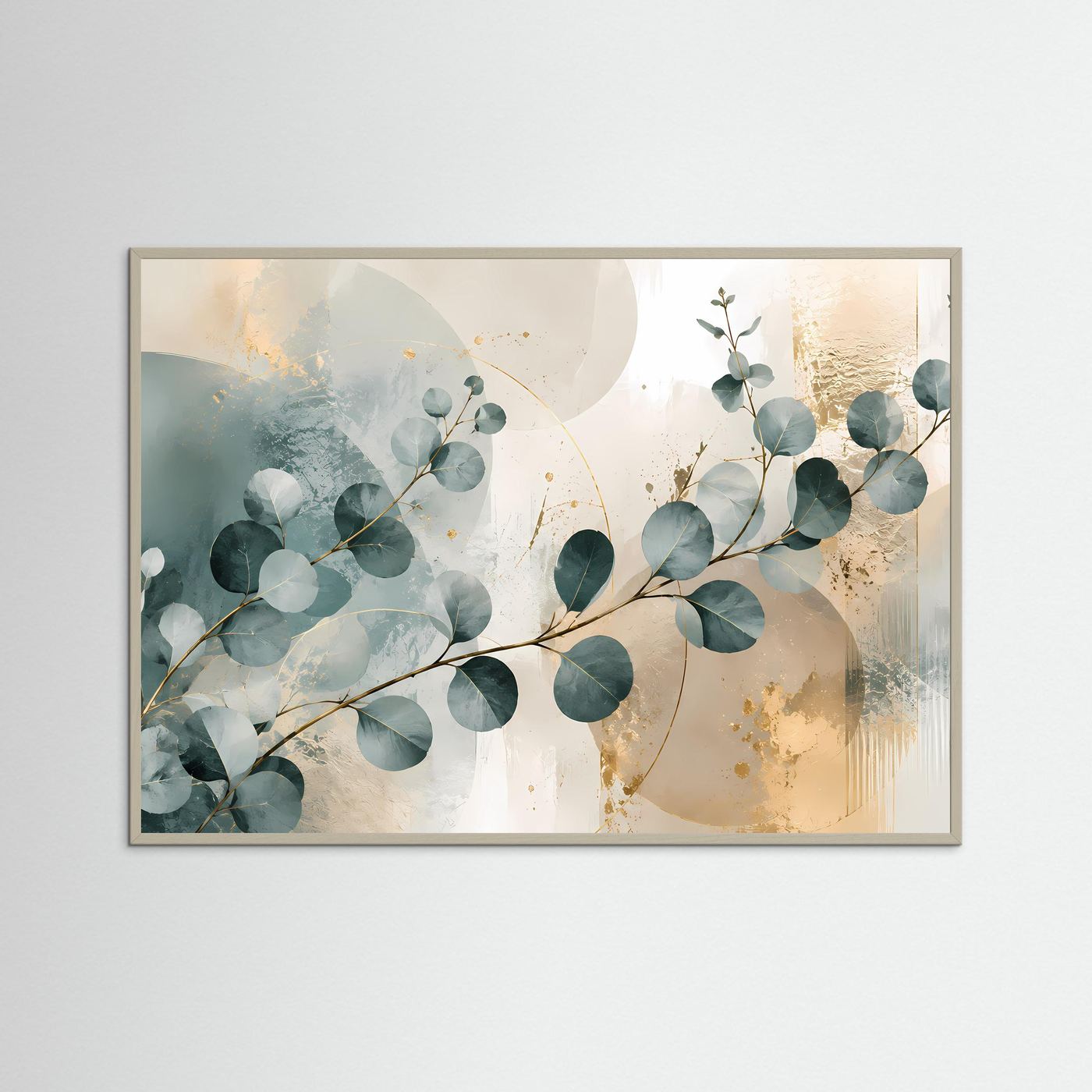 Eukalyptus-Wandkunst mit grauem Rahmen, abstrakte Eukalyptuszweige in Blaugrün und Gold