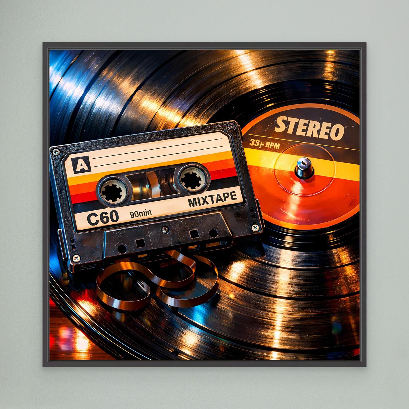 Gerahmtes Leinwandbild mit Schallplatte und Mixtape im Retro-Look, schwarzer Rahmen.